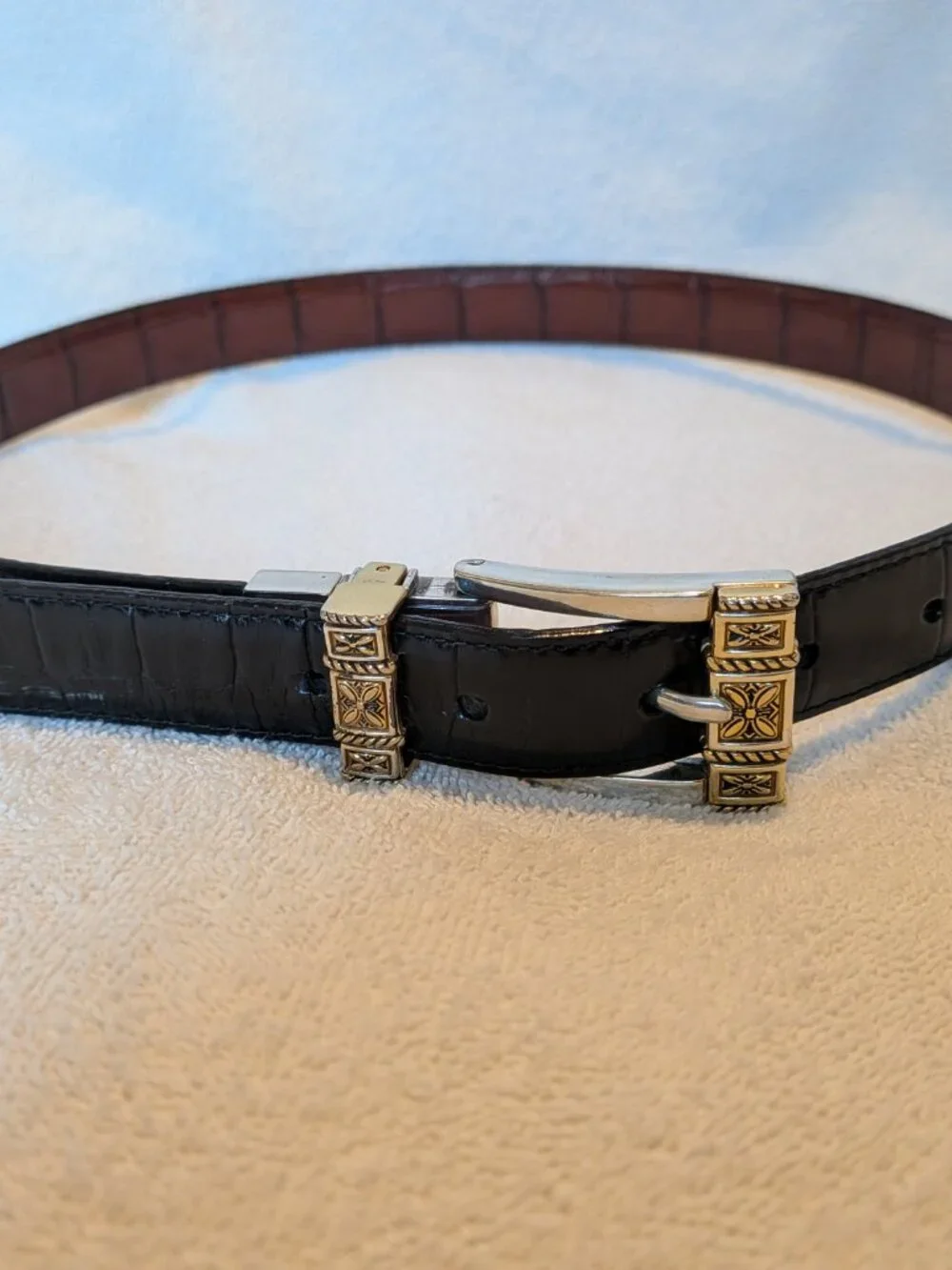 Brighton Belt Medium 30 Reversible Black Brown Croc Embossed Silver Gold Floral